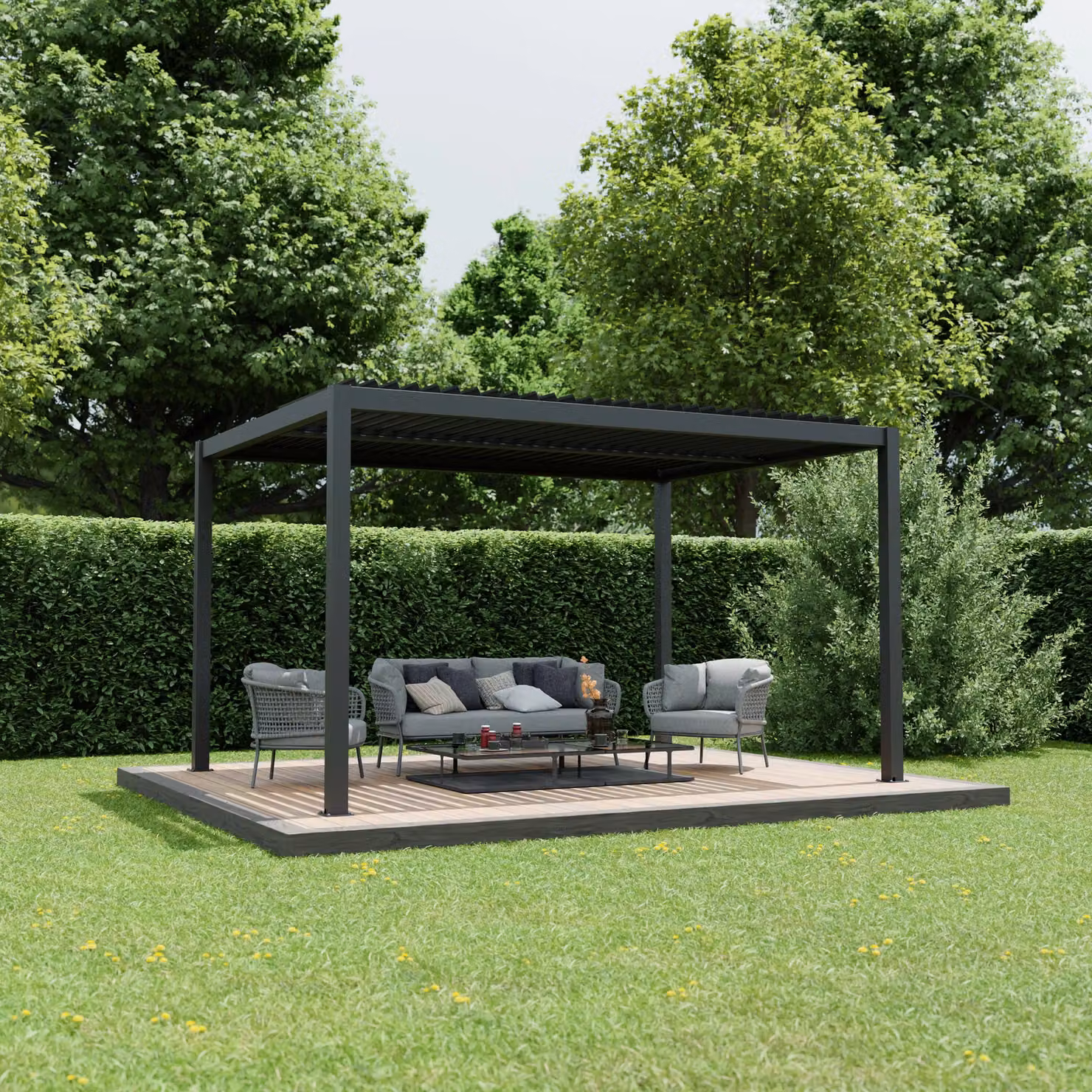 Agadon Aluminium Pergola Shading System with Motorised Slats and LED Lights in Anthracite Grey – 2