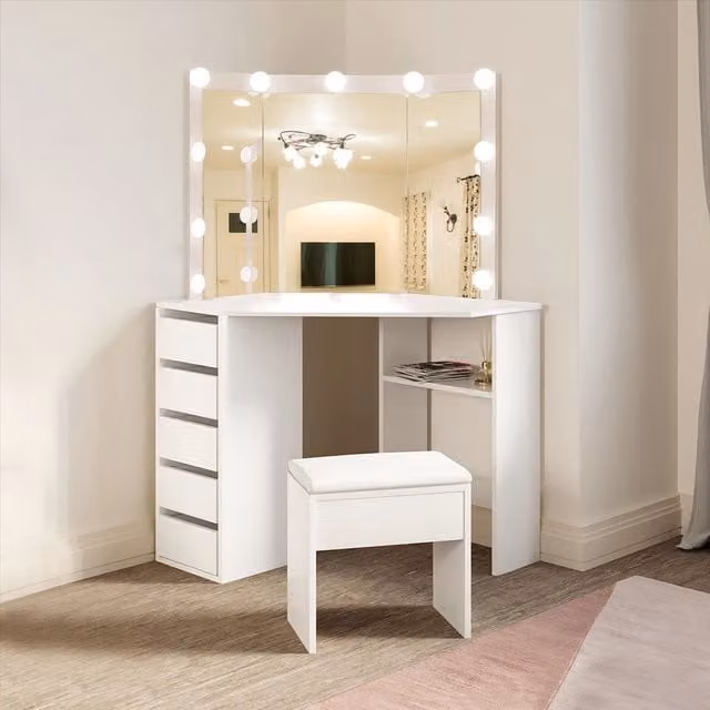KOSY KOALA White Corner Dressing Table with LED Mirror and Stool Makeup Vanity Set – 1