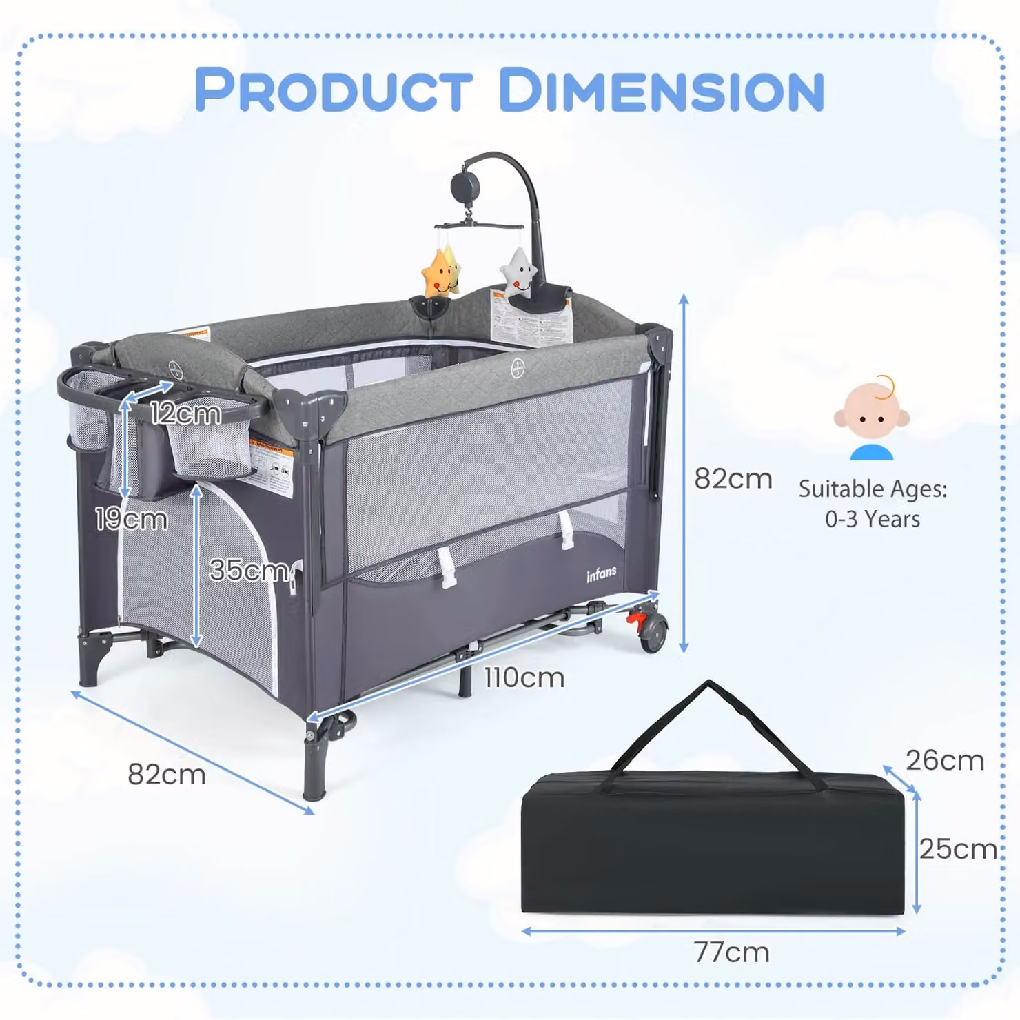 Gymax 6-in-1 Baby Travel Cot and Folding Playpen with Changing Table and Carry Bag in Dark Navy – 2