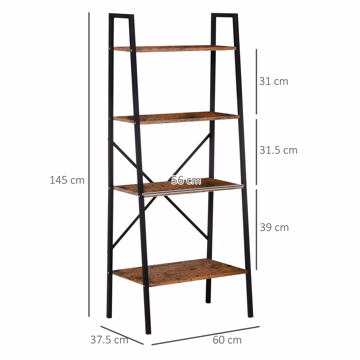 HOMCOM 4-Tier Vintage Ladder Shelf Bookcase and Wood Storage Rack in Black and Brown – 3