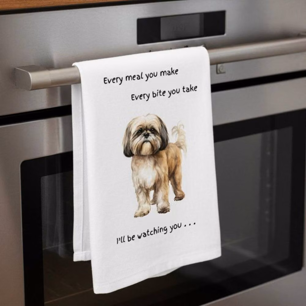 Animal Crackers Shih Tzu Funny Dog Tea Towel in White and Grey Cotton, 66 cm – 2