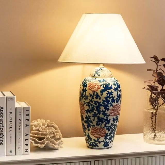 Wyld and Coco Ceramic Table Lamp with Blue and White Floral Base and White Fabric Shade, Height: 65 cm – 1
