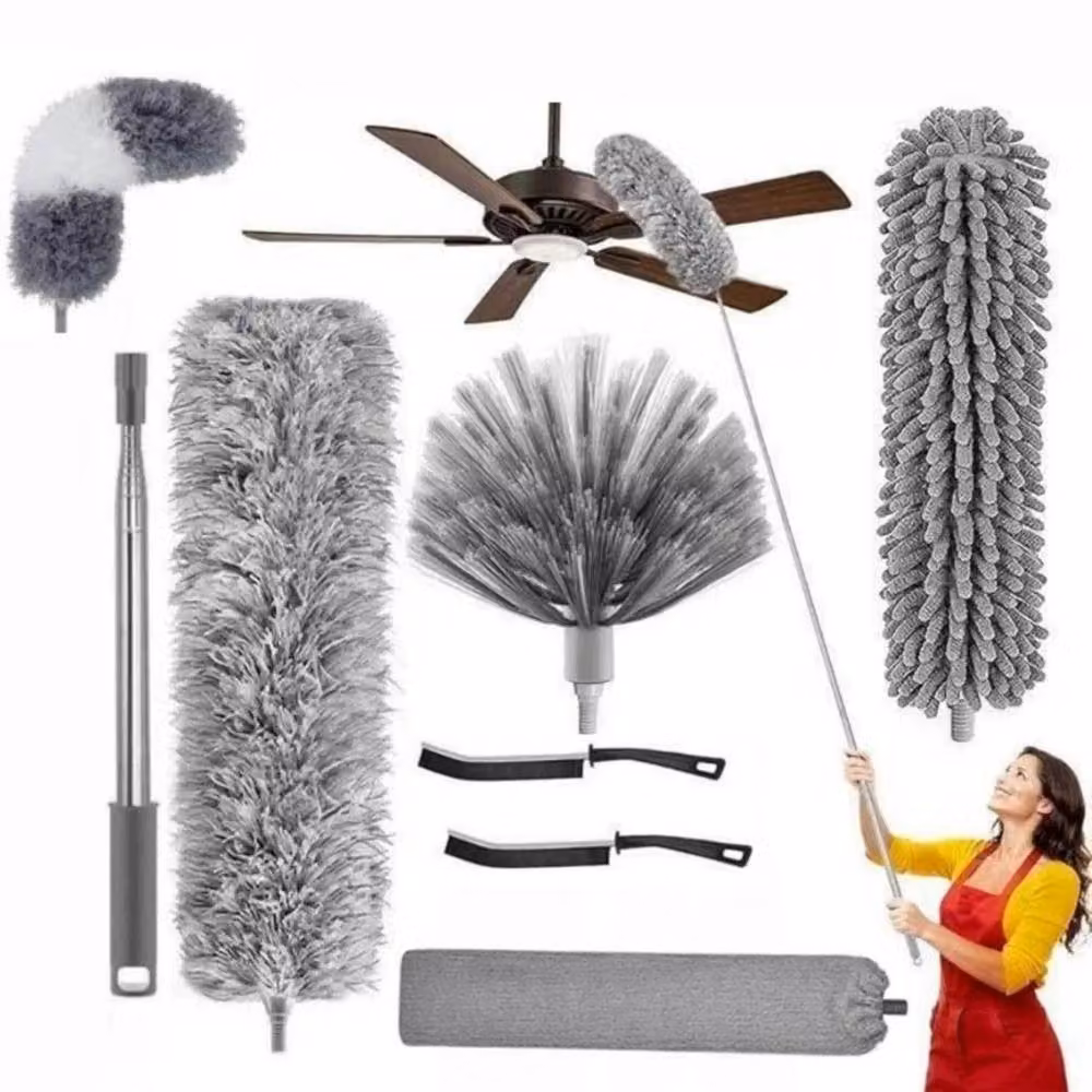 VOGREX 8 Pack Extendable and Bendable Microfibre Feather Duster with Telescopic Handle and Refillable Head in Multicolour and Grey – 2