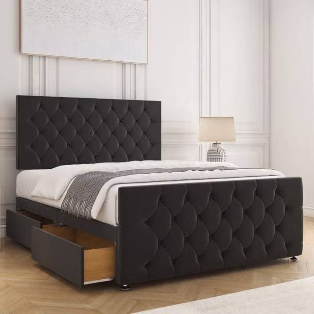 BSSPOKE Maya King Size Plush Velvet Divan Bed with 24 Inch Headboard, 2 Drawers on Same Side and Mattress in Black, W/D/H: 180 x 200 cm