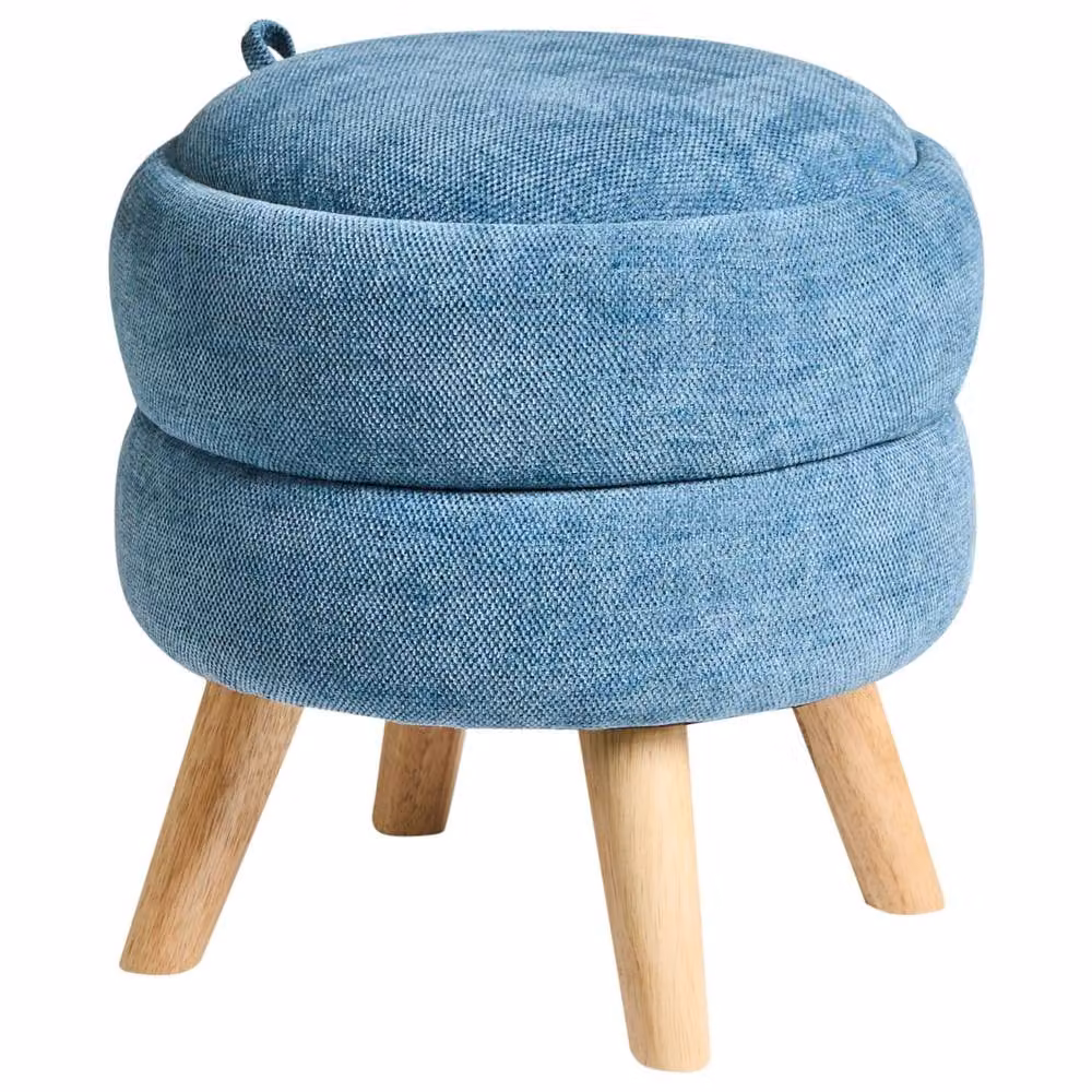 Wyld and Coco Blue Chenille Storage Pouffe with Reversible Lid and Rubberwood Frame – 2