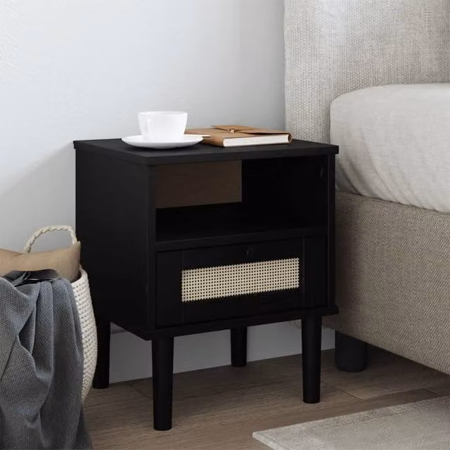 Berkfield Home SENJA Bedside Cabinet in Black Rattan Look Solid Pine Wood, W: 40 cm, D: 35 cm, H: 48 cm