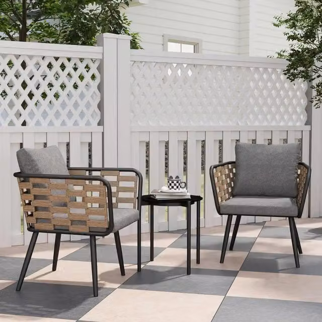 Chilli Paros Bistro Set in Grey Rattan and Metal with Glass Top