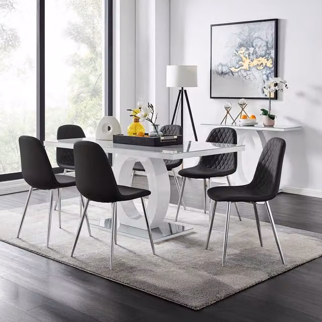 FurnitureboxUK Giovani Grey Dining Table with Six Corona Silver Leg Chairs in Black and Silver