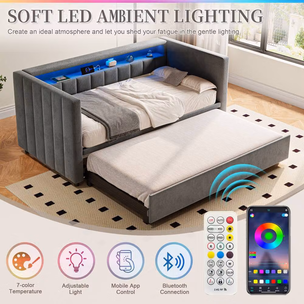 STILVORA 3ft Single Upholstered Bed Frame with USB in Grey – 7