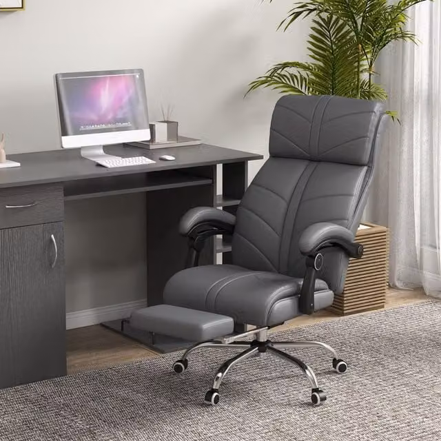 VINSETTO Grey PU Leather Executive Office Chair with Vibration Massage, Heat, Footrest and Headrest – 1