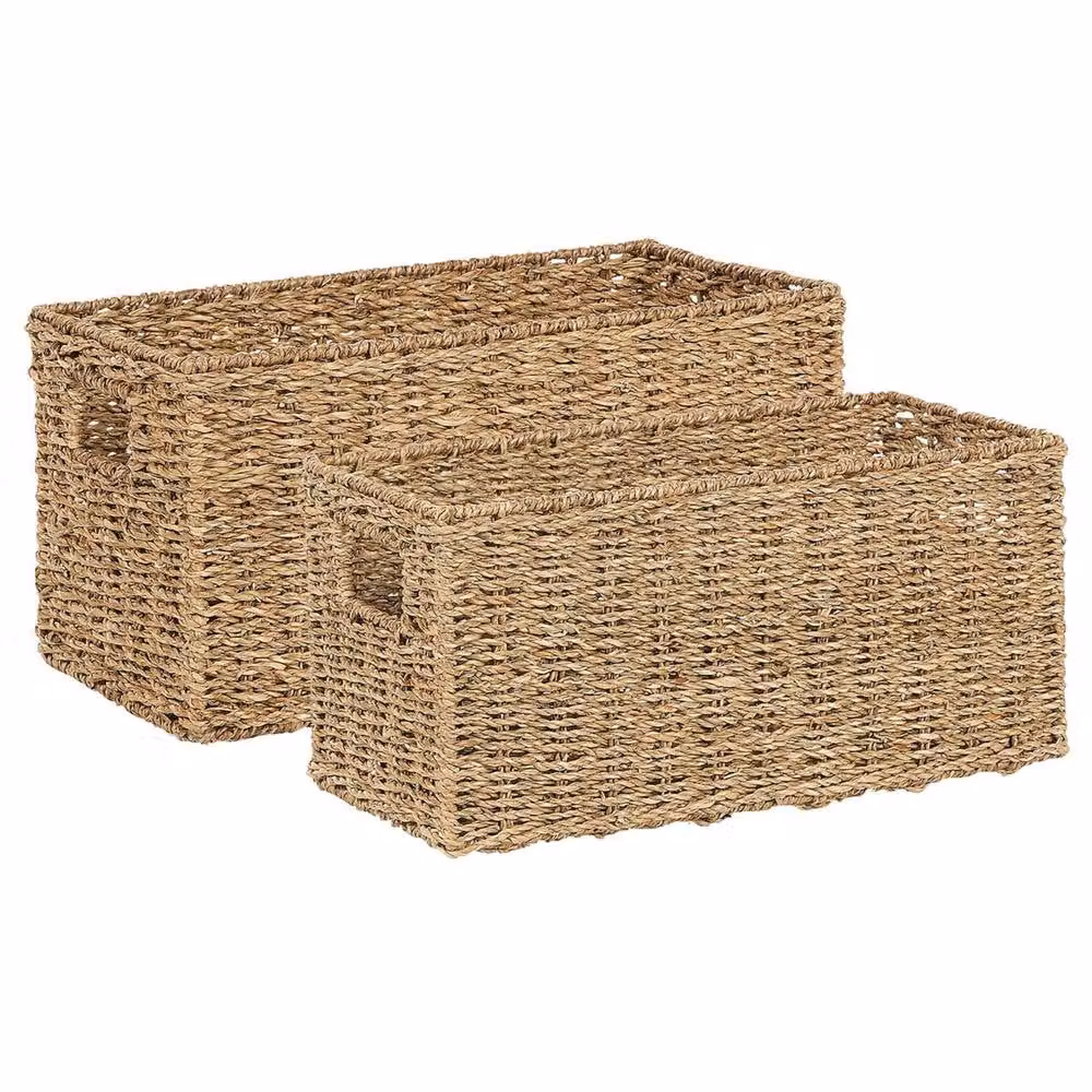 Wyld and Coco Set of 2 Natural Seagrass Rectangular Baskets with Handles in Beige and Sand, W/D/H: 38.5 x 19.5 x 18.0 cm – 2