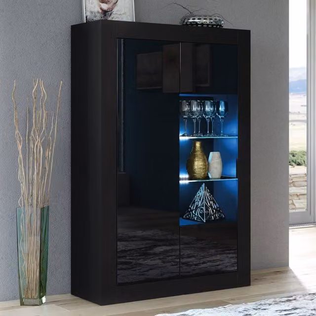 Mex Furniture LTD Arcadia Display Cabinet in Black with Glossy Glass Doors and LED Lighting, W/D/H: 140 x 35 x 93 cm – 1