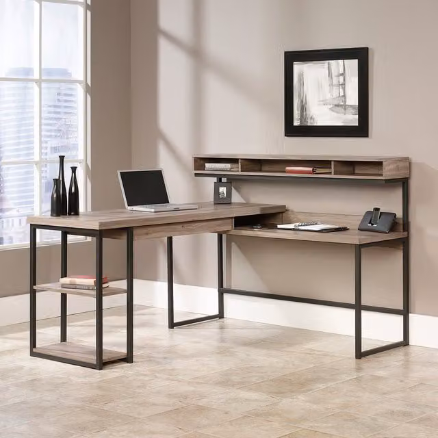 Teknik Streamline L-Shaped Corner Desk in Salt Oak Brown with Grommet and Sled Base
