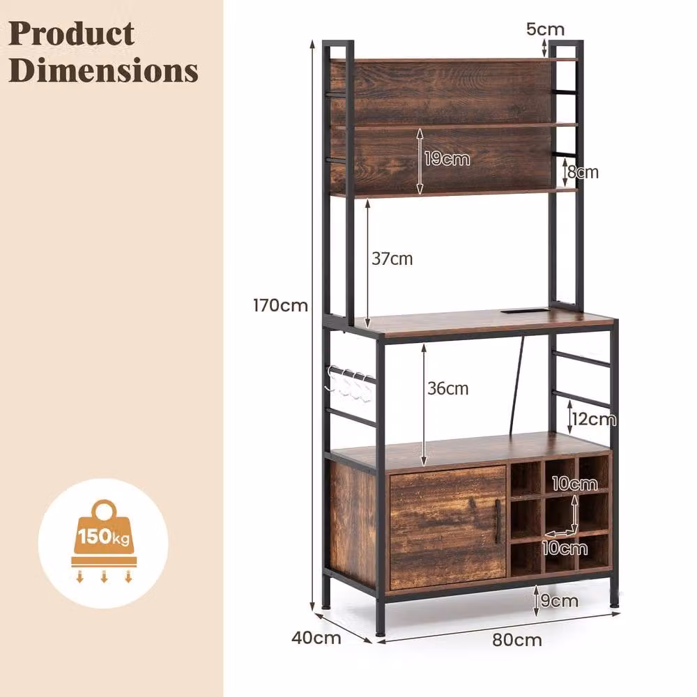 Gymax Brown Metal Bakers Rack Bar Cabinet and Microwave Stand with Power Outlet – 3