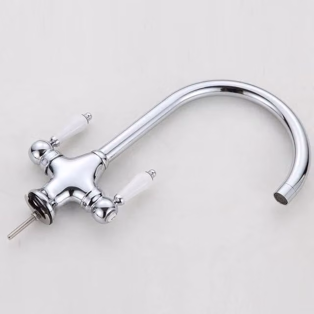 Hinsinc Traditional Twin Lever Kitchen Sink Mixer Tap in Silver Chrome with Swivel Spout – 1
