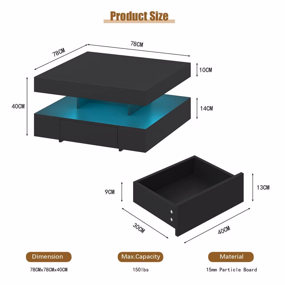KEEPREAPER Modern LED Coffee Table with 2 Storage Drawers in Black – 3