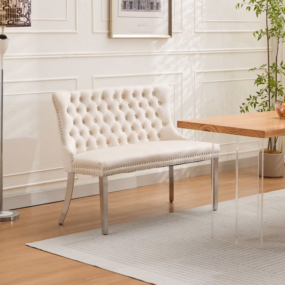 HomeTouch Modern Velvet Double Dining Loveseat Bench in Beige with Chrome Steel Legs – 2