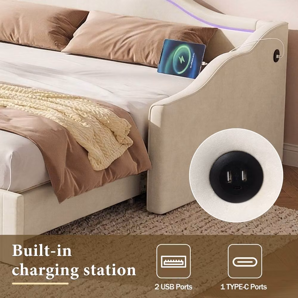 Merax Extendable Single Velvet Daybed with LED Light and USB Charging Ports in Beige, W/D/H: 90 x 190 x 81 cm – 3