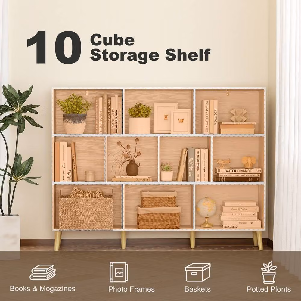 HOMCOM 3-Tier White Bookshelf with 10 Cubbies and Wood Legs – 2