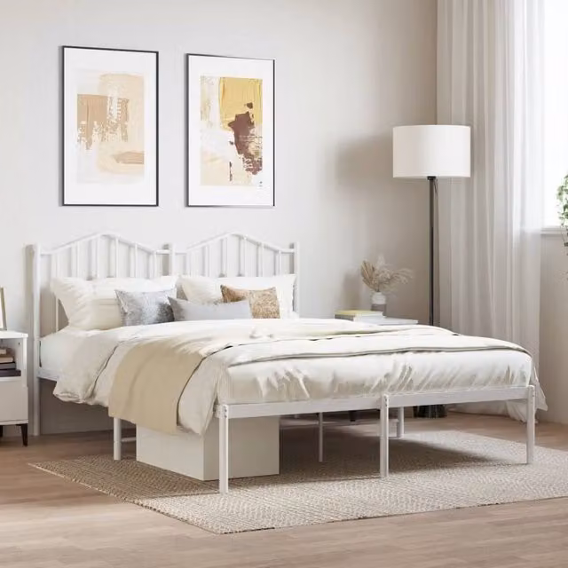 Berkfield Home Metal Bed Frame with Headboard in White, W/D/H: 150 x 200 cm King Size – 1
