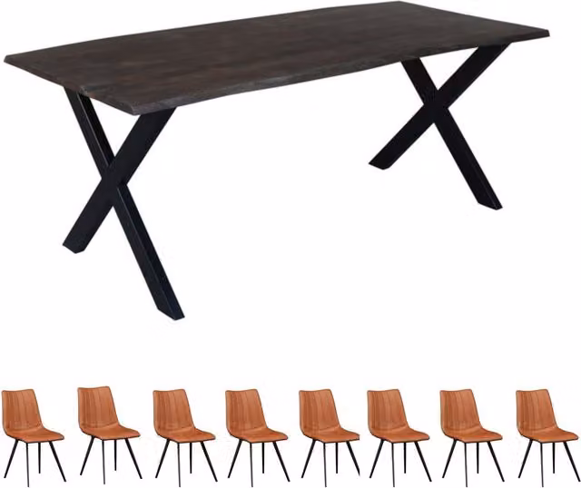 IH Design Live Edge Acacia Wood and Metal Rectangular Dining Table Set with 8 Chairs in Grey and Brown