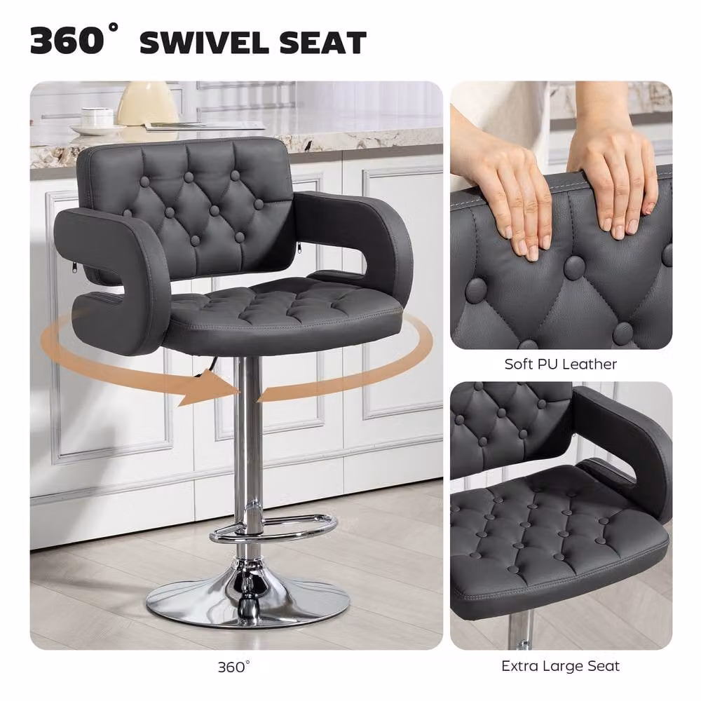 STILVORA Grey Synthetic Leather Adjustable Bar Stool with Armrests, Back and Footrest – 5