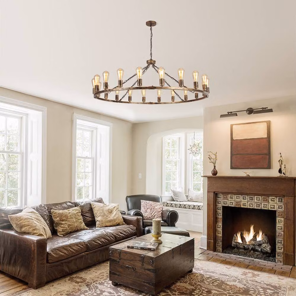 NIVOR 20-Light Waggon Wheel Bronze Kitchen Chandelier, Adjustable Rustic Metal Pendant Light with E27 Base, W/D/H: 120 x 83 x 83 cm – 3