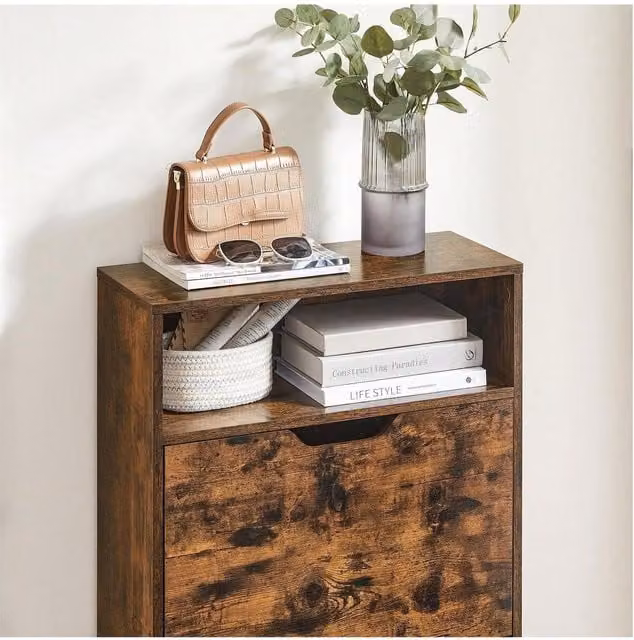 VASAGLE Rustic Shoe Cabinet with Tilting Compartments and Hinged Doors in Bronze and Brown