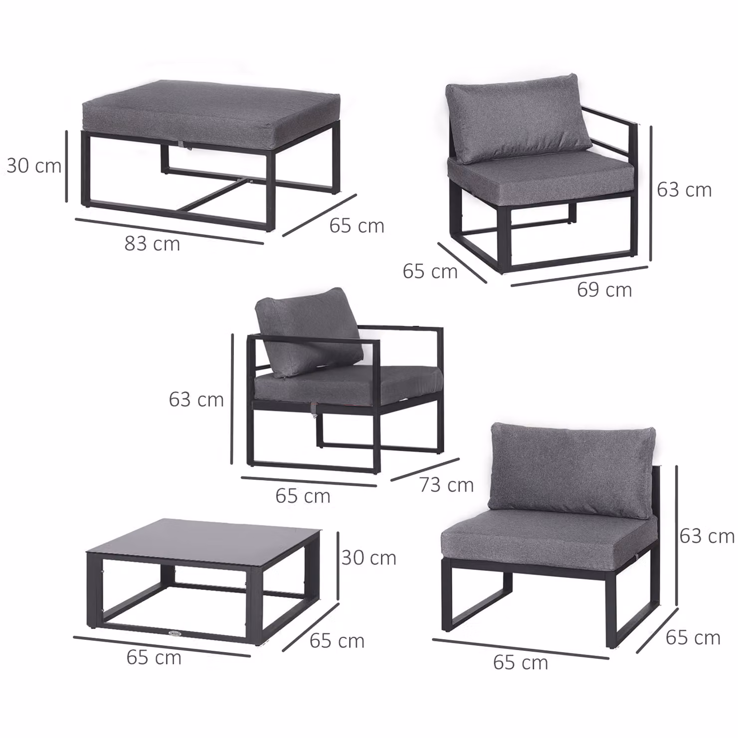 Outsunny 6 Piece L-Shape Sectional Sofa Set with Coffee Table and Ottoman, Grey Powder Coated Aluminium Frame – 2