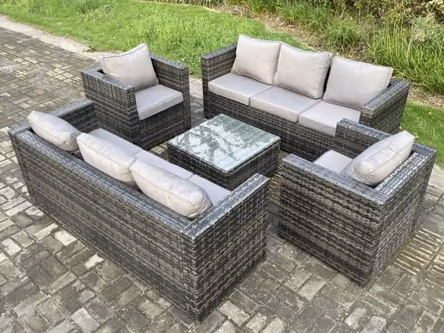 Fimous 8 Seater Rattan Garden Furniture Set with 2 Armchairs and Square Coffee Table in Dark Grey