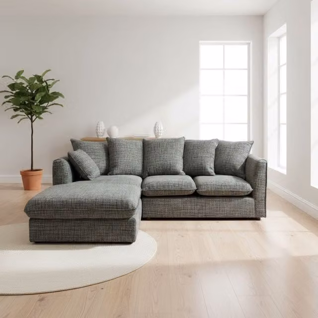 Abakus Direct Lucas L-Shape Corner Sofa in Grey Fabric with Left Hand Facing Chaise Lounge and Scatter Cushions – 1