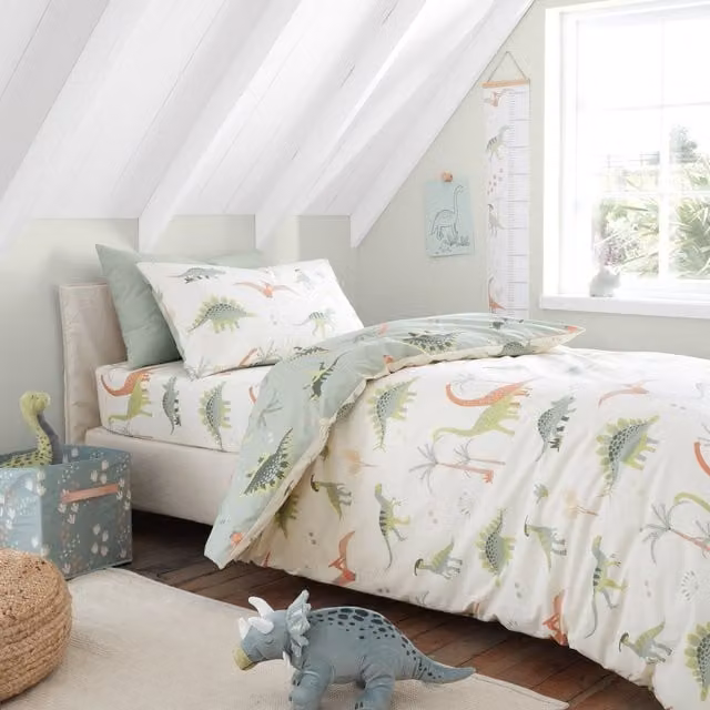 Chapter B Dinosaurs Reversible Duvet Cover Bedding Set in Green, Beige and White