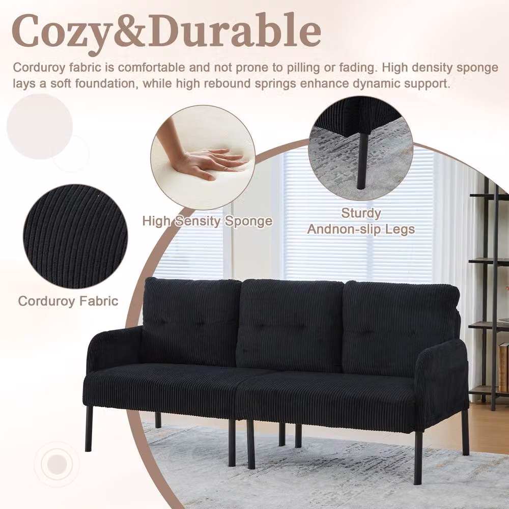 HomeTouch Modern 3 Seater Click Clack Sofa Bed in Black with Side Pockets and Armrests W/D/H: 171 x 80 x 57 cm – 3