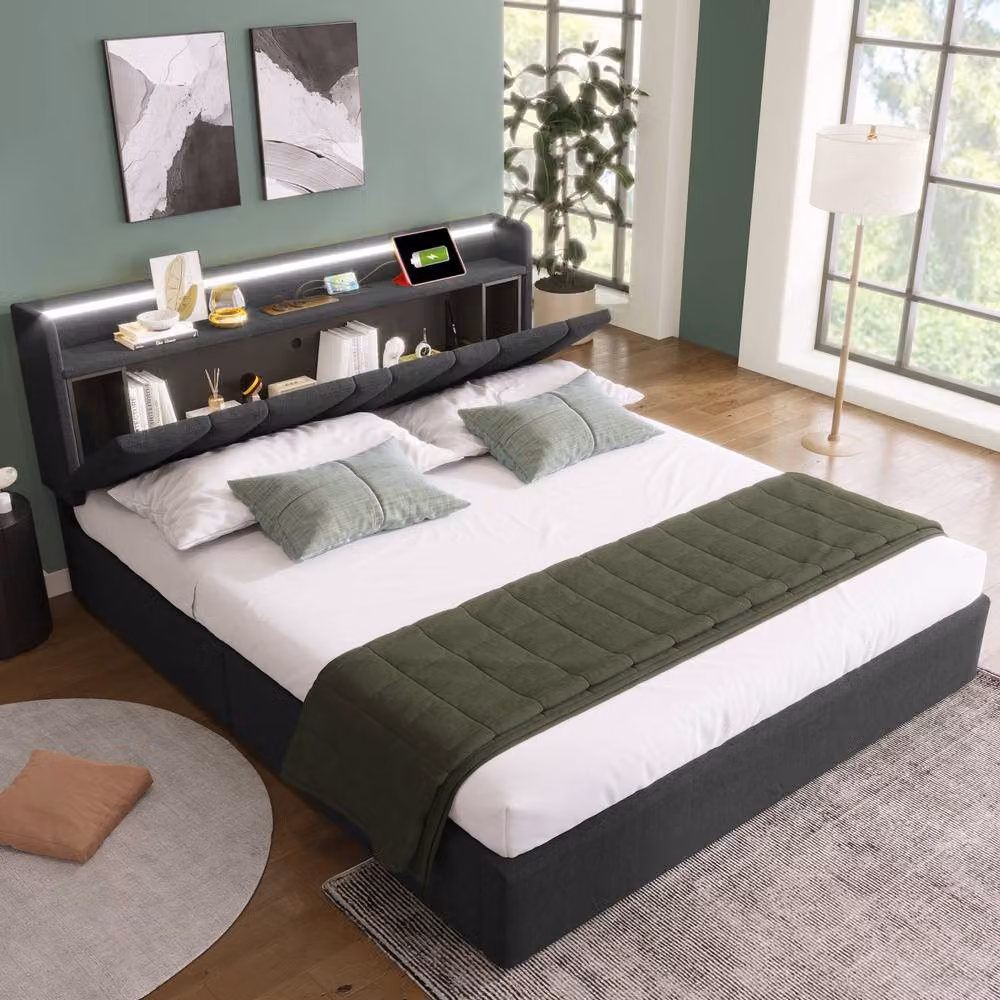 ModernLuxe Grey Upholstered King Size Ottoman Bed with LED Lighting, USB Charging Ports and Storage Headboard, H 105 cm x W 150 cm x D 200 cm – 7