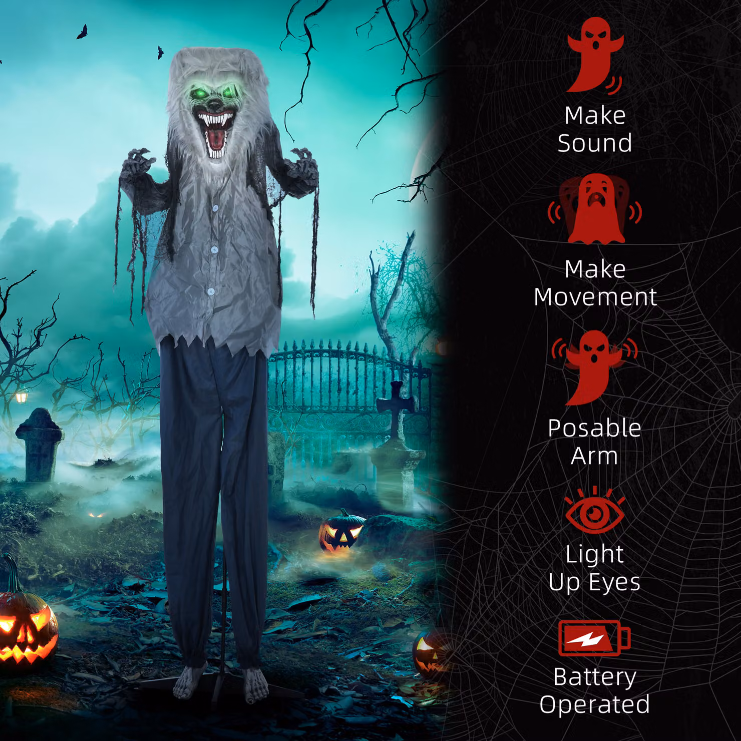 HOMCOM Skeleton Werewolf Outdoor Halloween Animatronic Decoration with Sound Activated Light Up Eyes and Sound Effects, Grey and Green, Height: 210 cm – 6