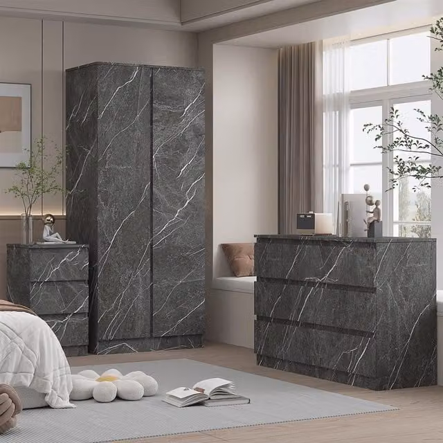 ZITA 3 Piece Bedroom Furniture Set in White and Grey Marble Effect featuring 2 Door Wardrobe, 6 Drawer Wide Chest and 3 Drawer Bedside Table