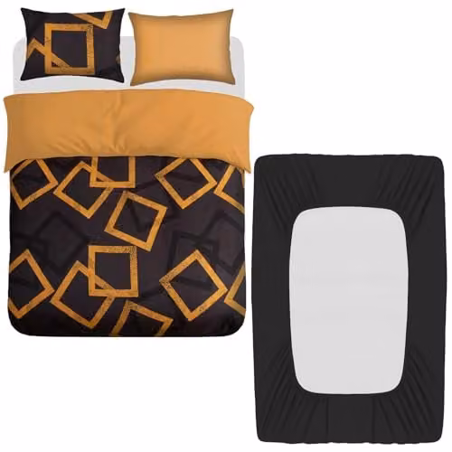 Grace 4 Piece Microfibre Reversible Duvet Cover Set with Fitted Sheet in Black or Gold