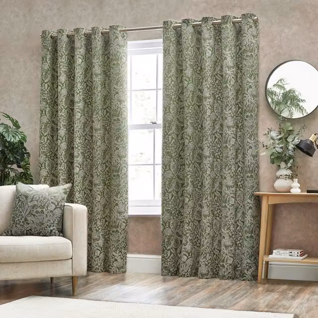Bali Jacquard Blackout Eyelet Curtain Pair in Green with Floral Nature Design, Height: 229 cm