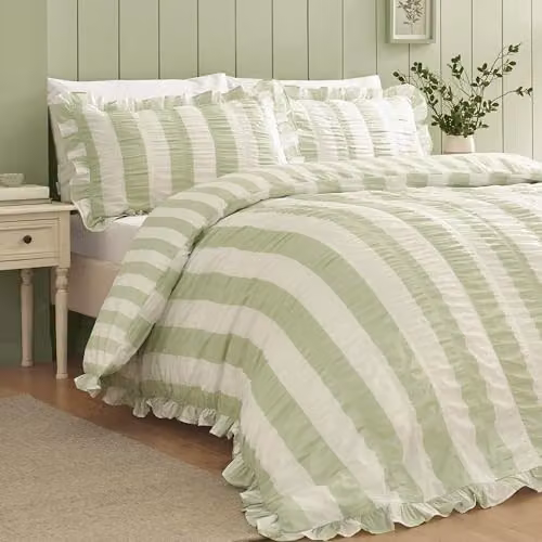 Catherine Lansfield Seersucker Frill Stripe Duvet Cover and Pillowcase Set, Green, W/D/H: 200 x 200 cm and 50 x 75 cm