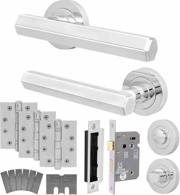 AFIT Polished Chrome Fire Door Handle and Lock Set with Hinges in Silver