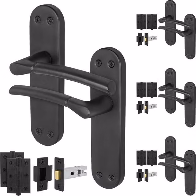 AFIT Matt Black Door Handles and Latch Hinges Set, 4 Pairs, 150 x 150 mm – 1