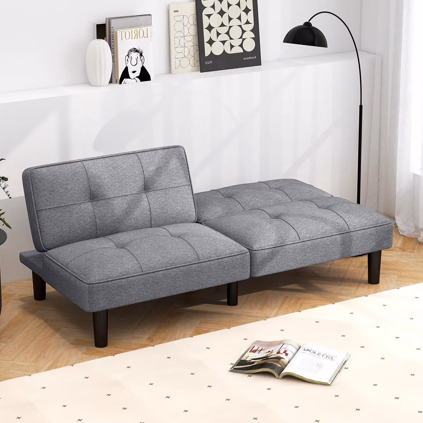 Gymax Modern Grey Linen Fabric Upholstered Convertible Futon Sofa Bed with Solid Wood Frame – 3