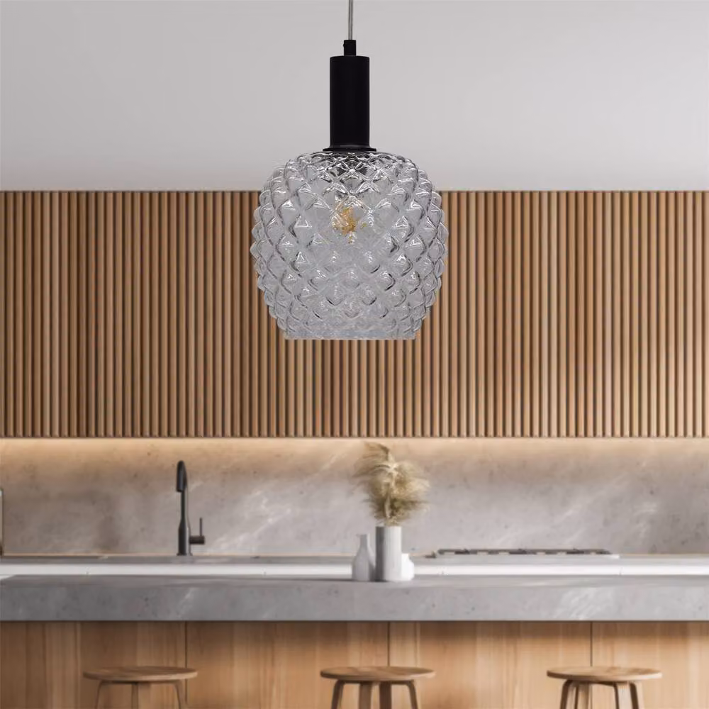 First Choice Lighting Baine Set of 2 Black Deco Pendant Lights with Transparent Textured Glass, Height Adjustable – 2