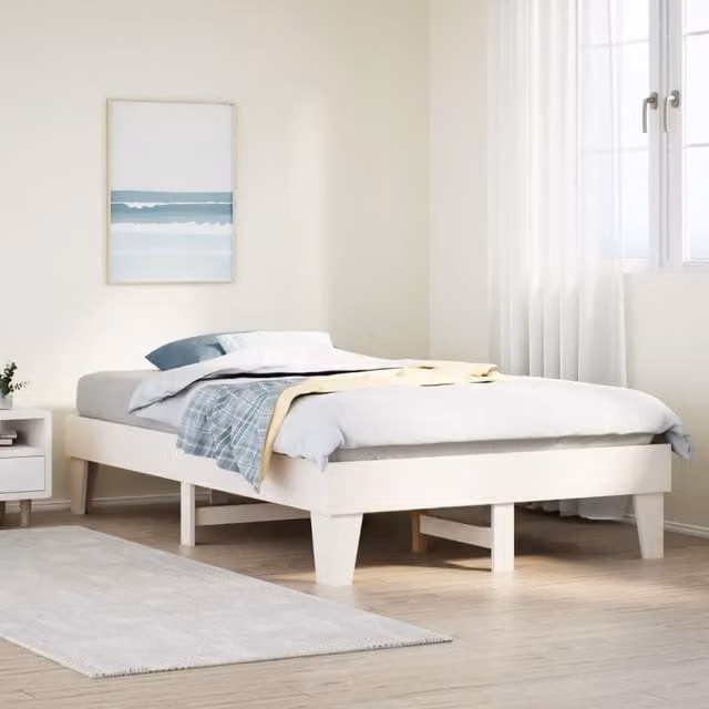 Berkfield Home Small Double Solid Wood Pine Bed Frame in White, W/D/H: 120 x 190 cm