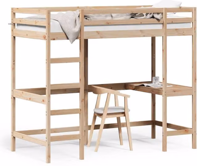 Berkfield Home Loft Bed in Brown Solid Pine Wood, W/D/H: 90 x 200 cm