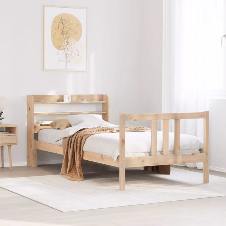 Berkfield Home Small Single Bed Frame with Headboard and Side Compartments in Natural Pine Wood, W/D/H: 75 x 190 cm