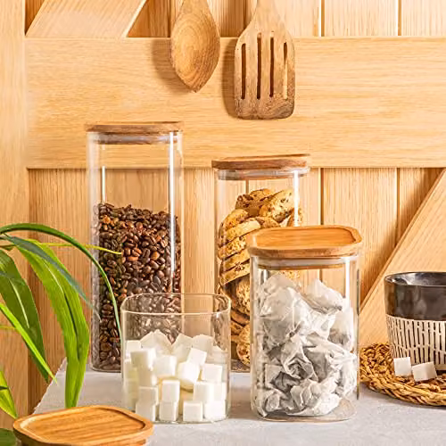 Argon Tableware Square Glass Storage Jar Set with Airtight Wooden Lids, Transparent, 4 Sizes – 2