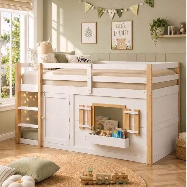 Merax White Mid Sleeper Cabin Bed Frame for Children with Play Area and Ladder, W/D/H: 190 x 90 x 120 cm – 1