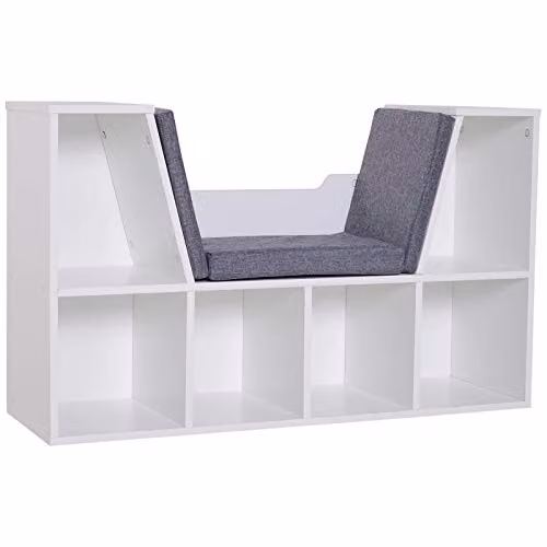 HOMCOM Bookcase Storage Unit with Six Cubes and Cushioned Reading Seat Bench, White and Brown – 1