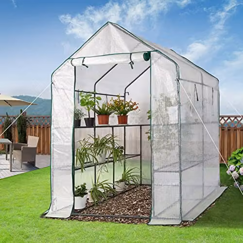 AMOS 3-Tier Portable Outdoor Walk-In Greenhouse with 8 Shelves and Waterproof PE Cover, White, H x W x D: 195 x 143 x 143 cm – 2